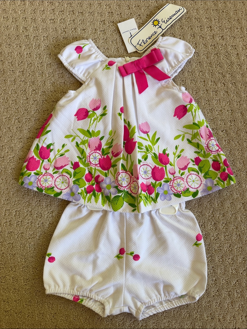 Florence Eiseman White Dress with Pink Bow and Green Floral Accents brand New